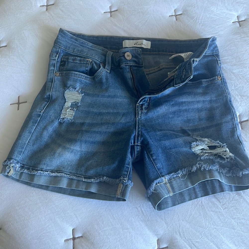 Kloe Low Rise Frayed Hem Roll Cuff Denim Shorts